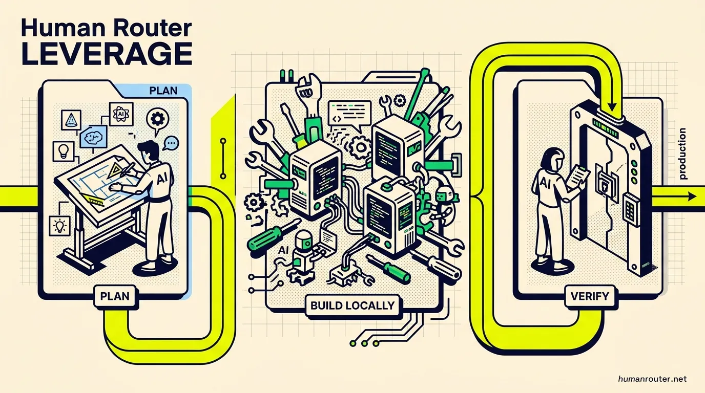 The workflow: a frontier model plans, DeepSeek builds locally on the GX10 cluster, and an independent frontier model verifies the work before production