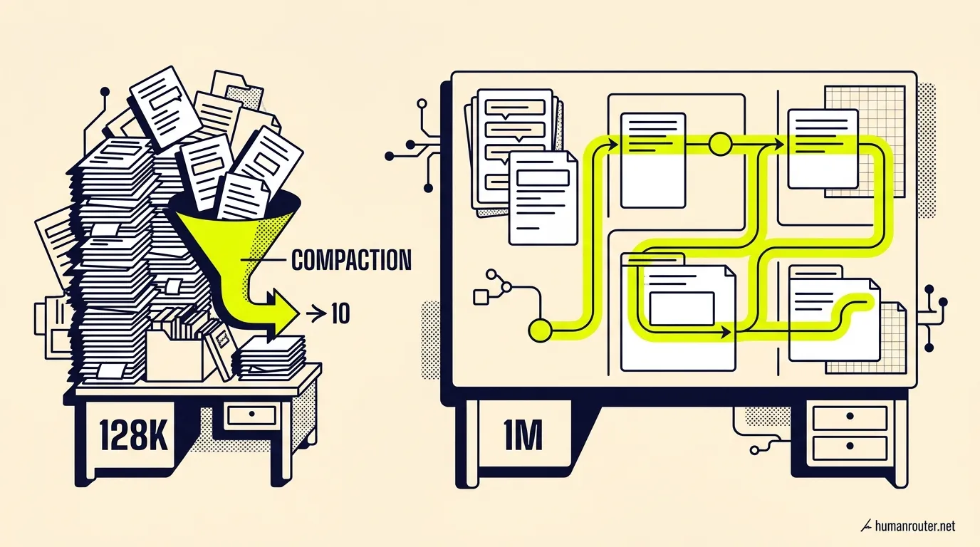 A cramped 128K context desk that needs compaction beside a much larger 1-million-token workspace with room for long conversations