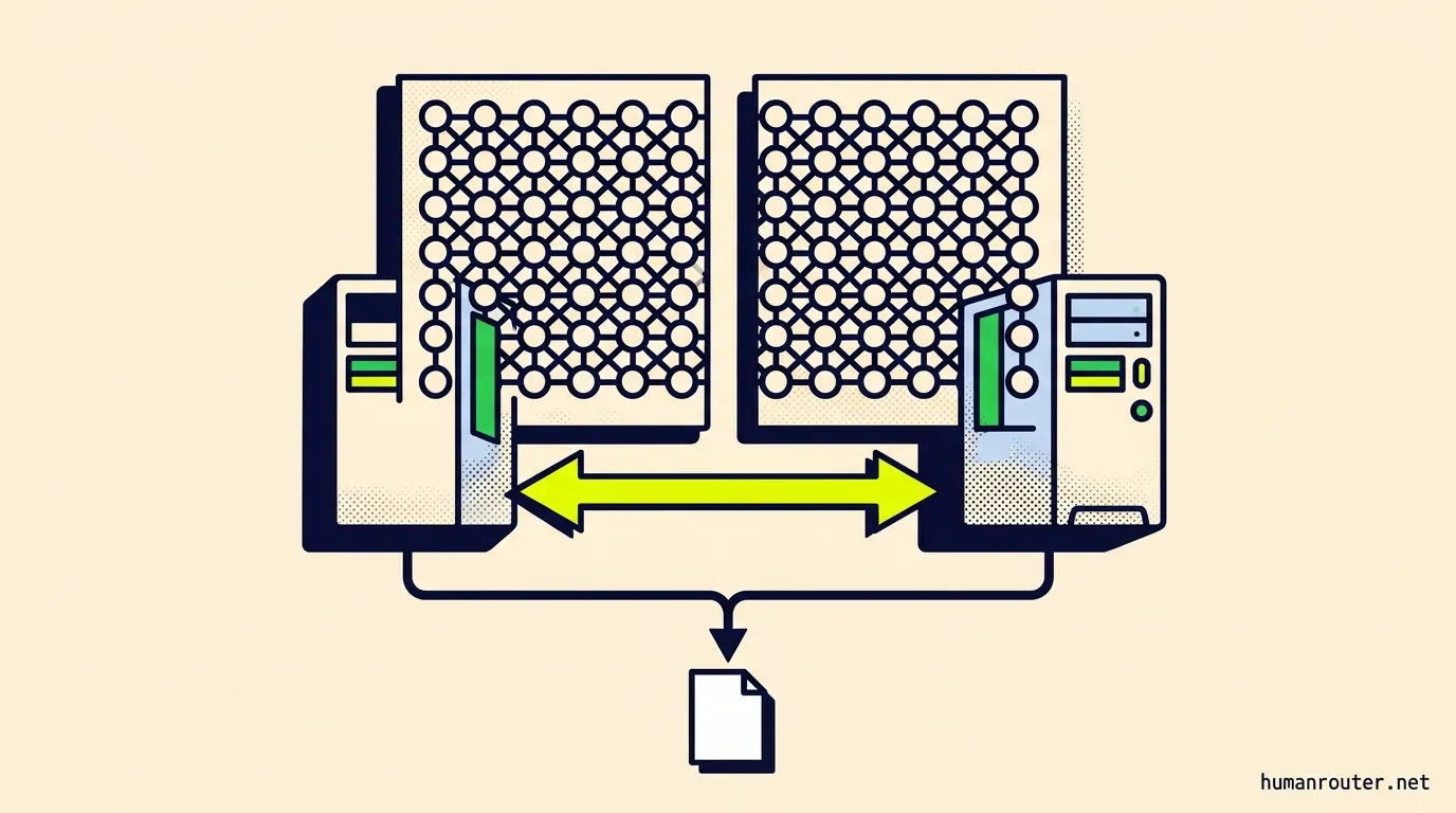 A large grid of connected nodes split down the middle, each half living inside its own desktop computer, exchanging results and converging into one answer