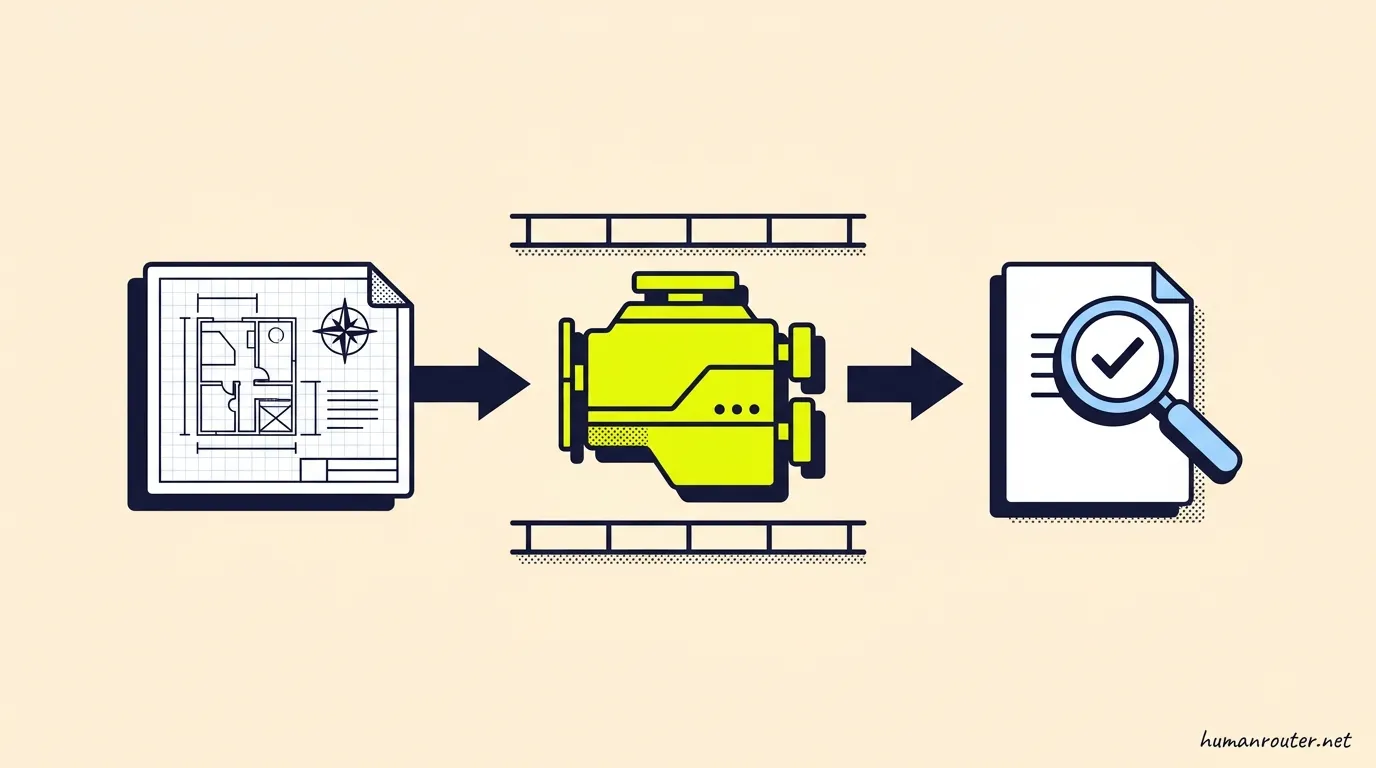 A blueprint card feeding into a constrained lime-yellow engine block boxed in by fence rails, feeding into a reviewed and checkmarked document
