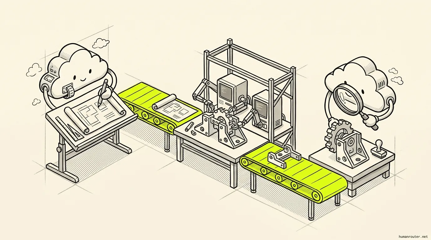 An assembly line in 3 stations: a cloud model drafting a blueprint, two local machines assembling the part, and the cloud model returning to inspect and stamp the result