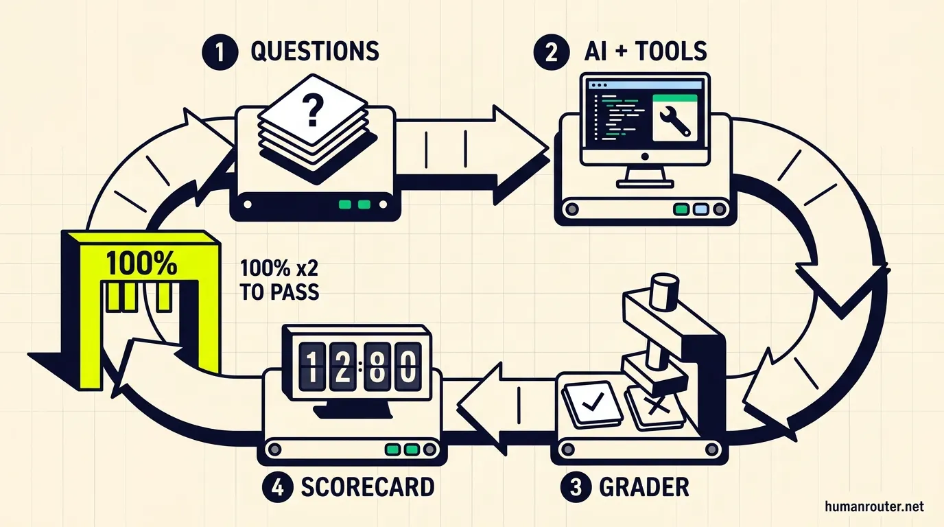 The eval loop: questions go to the AI and its tools, a deterministic grader checks answers against precomputed oracles; the scorecard gates on 100% twice in a row