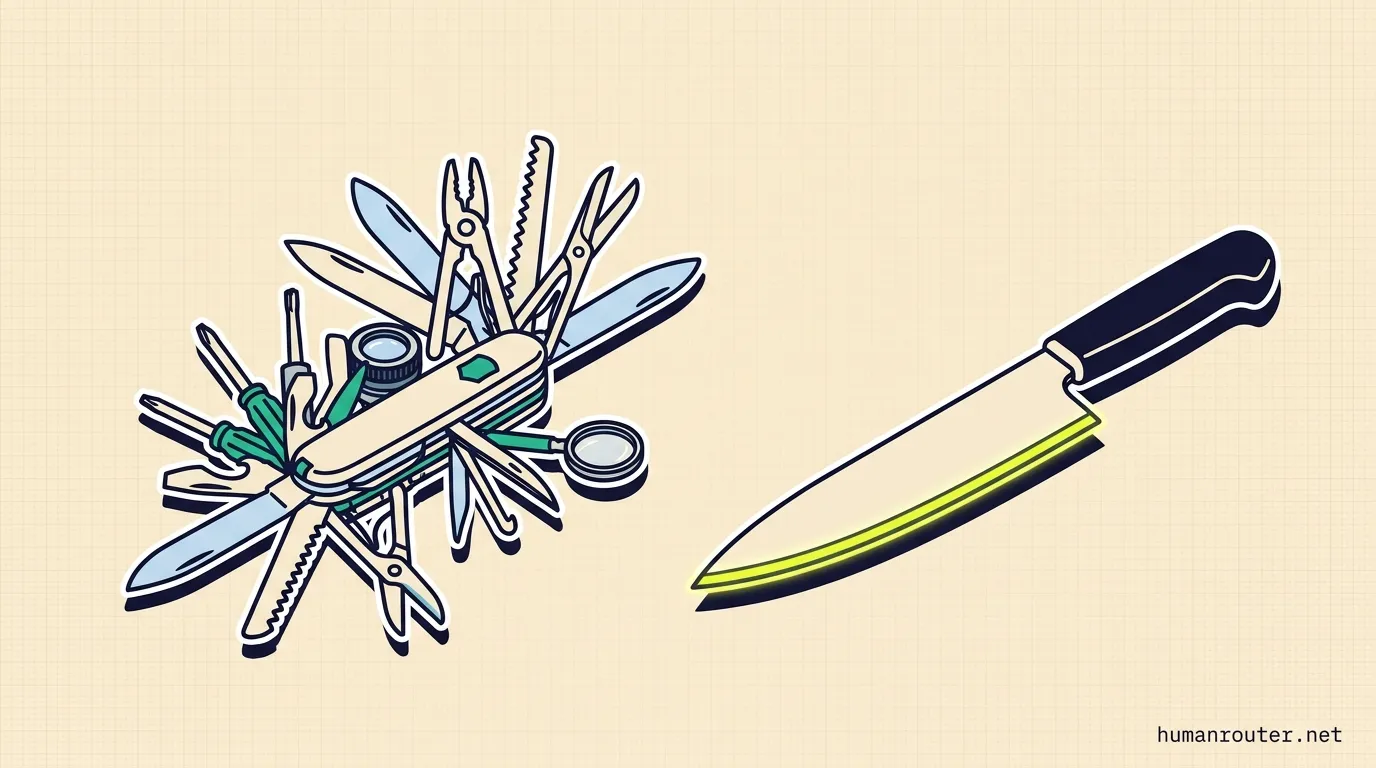 A many-bladed multi-tool with a camera lens among its implements, next to a single chef knife with a glowing edge