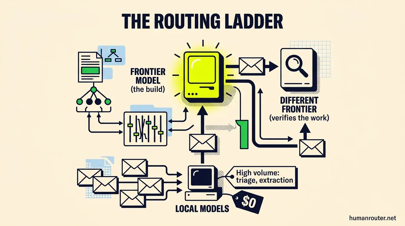 The routing ladder: local models handle high-volume work at $0, a frontier model does the build, a different frontier verifies the work