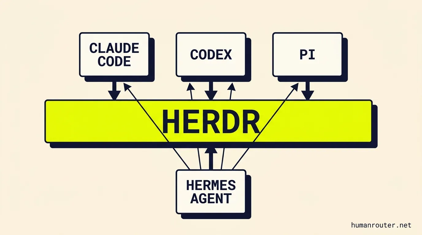 Claude Code, Codex, and Pi all plugged into herdr as a shared backbone, with a Hermes agent below reaching up through herdr to coordinate all three